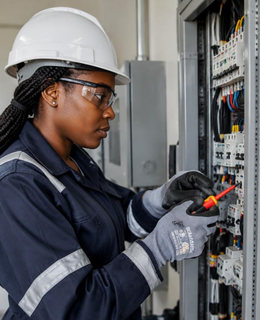Electrician in PPE maintaining an electrical panel