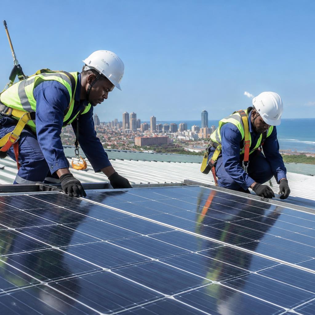 Technicians in safety harnesses installing rooftop solar panels