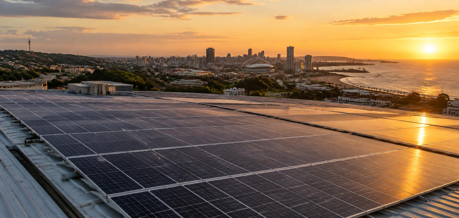 Rooftop solar panels overlooking Durban at sunset